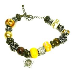 Art Glass Bracelet Yellow Brown Beaded Rhinestone Sunflower Charm Bronze Tone